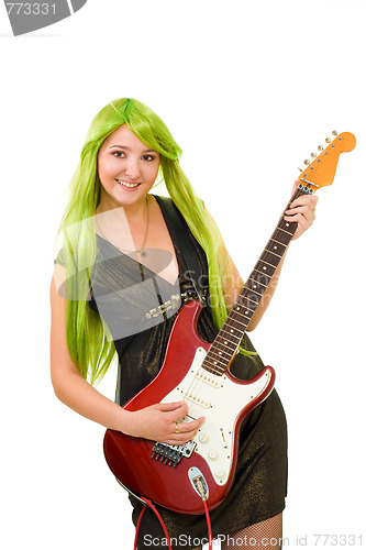 Image of Woman with green hair and guitar