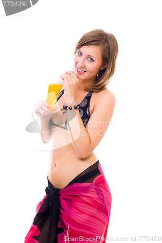 Image of woman in bikini drink juice