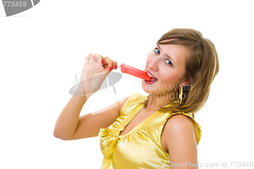 Image of Woman in yellow with red ice cream