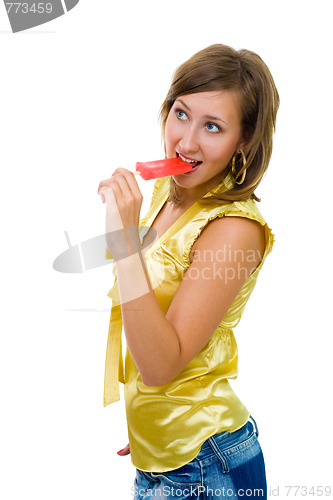 Image of Beautiful woman with ice cream