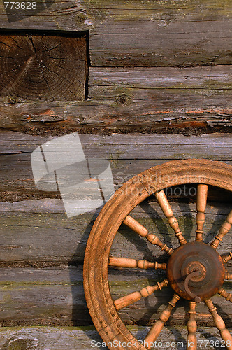 Image of Spinning Wheel On The Log Hut Wall