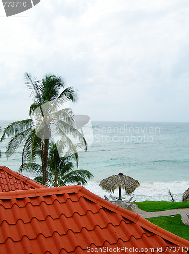 Image of caribbean sea view over typical roof material corn island nicara