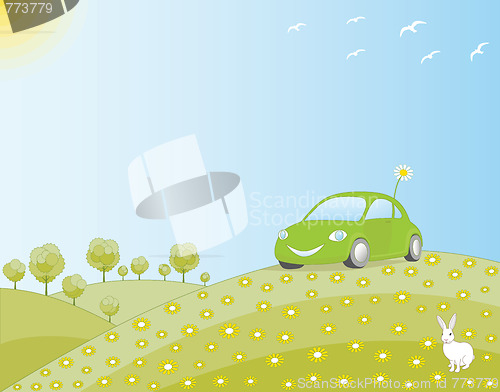 Image of Eco-friendly car in a green field
