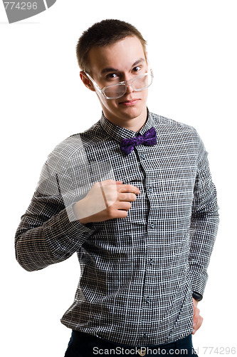 Image of Handsom young man in shirt with bow wearing glasses