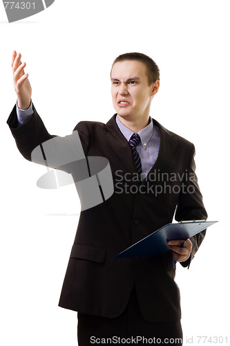 Image of Young teacher argue and gesticulating with hand and grimace