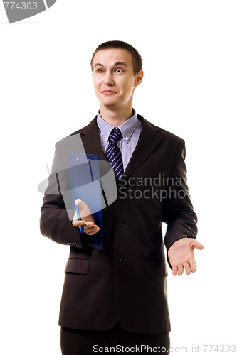 Image of surprised young man stand in formal clothes