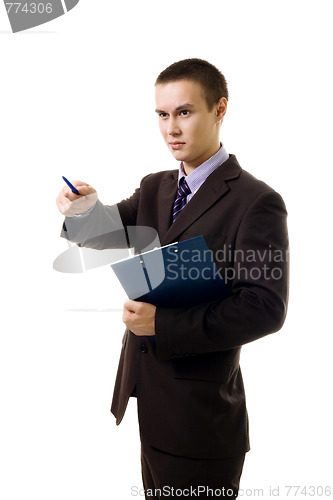 Image of Confedent young business person point with pen