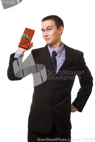 Image of Young man hold small gift