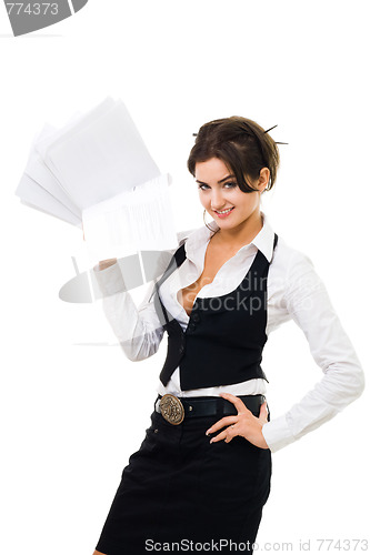 Image of Business woman standing with pile of papers
