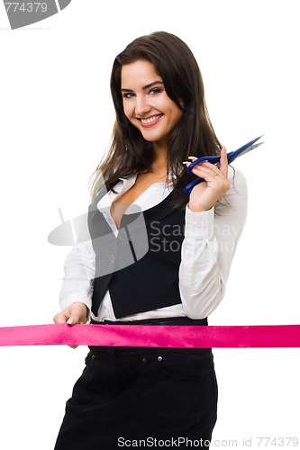Image of Happy business woman ready to cut red ribbon