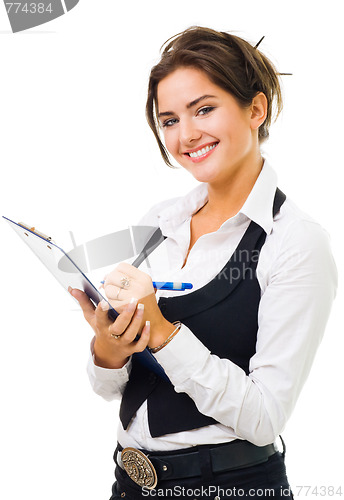 Image of Happy woman with big smile write on tablet