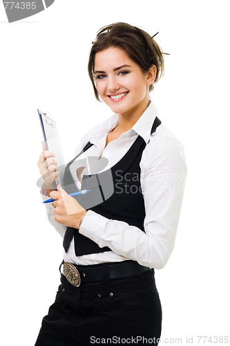 Image of Happy business woman with tablet and pen smiling