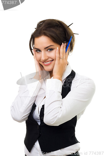 Image of Business woman with amazing smile holding cheeks