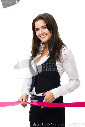 Image of Happy business woman cutting red ribbon