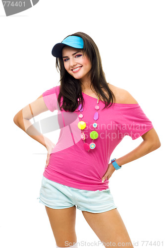 Image of Happy woman standing in pink and blue smile