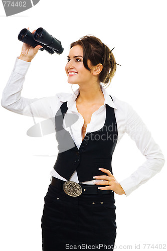Image of Woman in formal clothes standing and looking into binocular