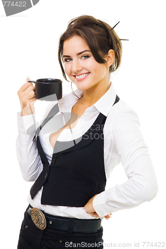 Image of Woman standing with cup of coffee, smile and look at camera