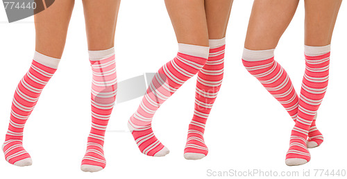 Image of Pairs of women legs in pink socks