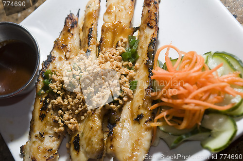 Image of vietnamese food appetizer ga nuong sate grilled chicken