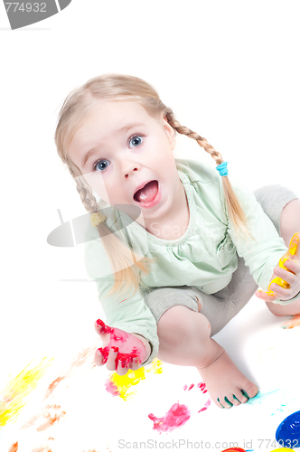 Image of Little girl playing with colors