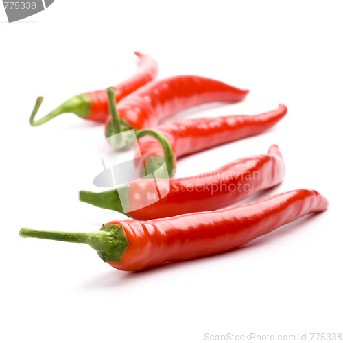 Image of five red chilly peppers
