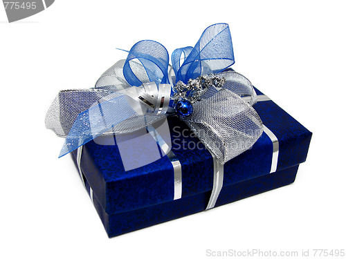 Image of Blue gift box with silver ribbon