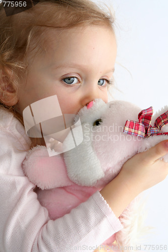 Image of Baby girl and pink bunny