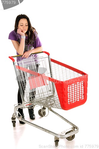 Image of Unhappy girl with shopping cart
