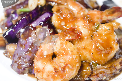 Image of eggplant in garlic sauce with jumbo shrimp