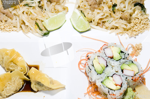 Image of combination plate of pai thai rice noodles food california rolls