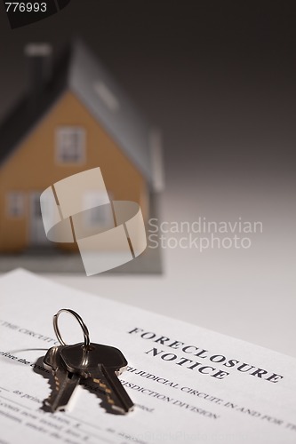 Image of Foreclosure Notice, House Keys and Model Home on Gradated Backgr