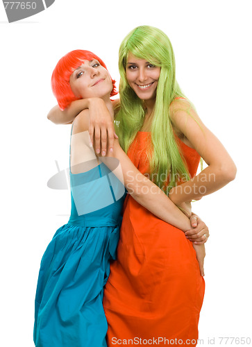 Image of Two happy woman with color hair and dress