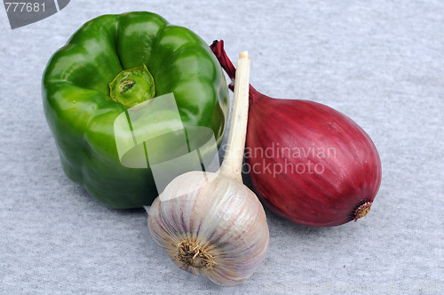 Image of Green Pepper, Garlic And Onion Bulbs