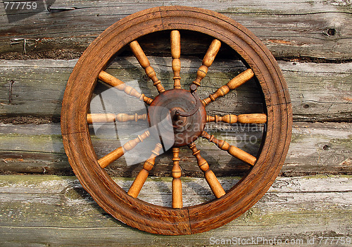 Image of Spinning Wheel On The Log House Wall