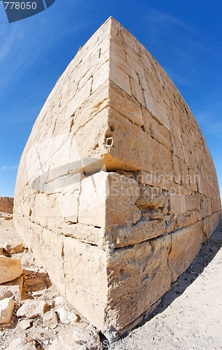 Image of Fisheye distortion view of corner of ancient stone building 