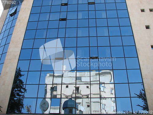 Image of Bucharest in mirror, Romania, Eastern Europe