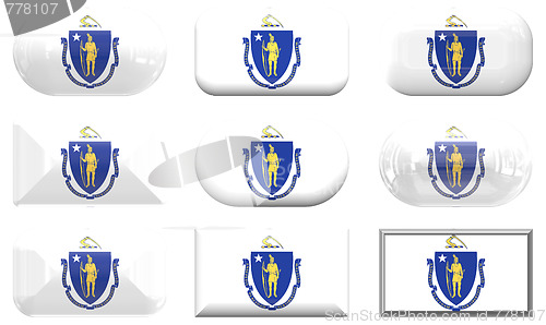 Image of nine glass buttons of the Flag of massachusetts