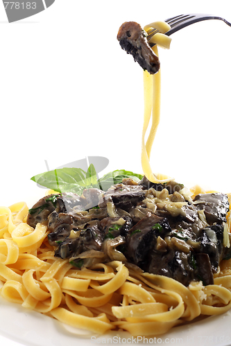 Image of Fettuccini and mushroom on a fork