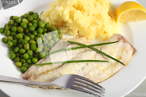 Image of Baked fish with peas and potato