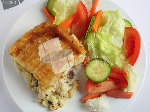 Image of Fish pie and salad from above
