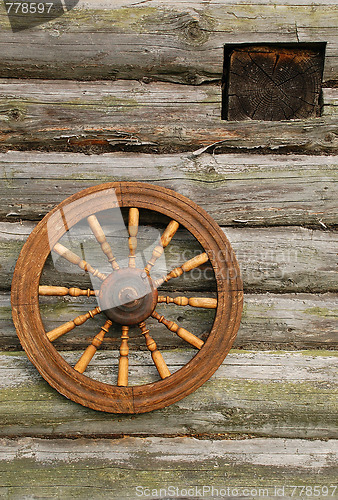 Image of Hand Spinning Wheel On The Log House Wall