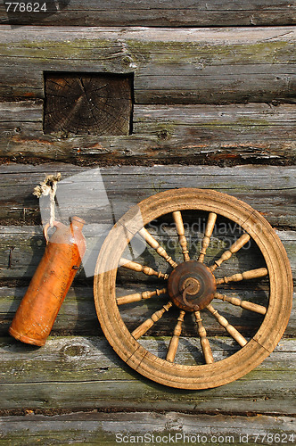 Image of Ceramic Bottle And Spinning Wheel On The Wall