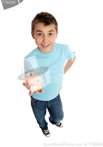 Image of Casual boy holds a money box in palm of hand