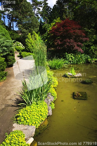 Image of Landscaped garden path and pond