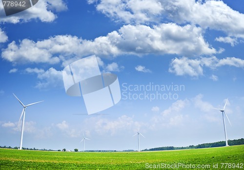 Image of Wind turbines in field