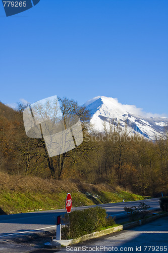 Image of road in forest mountains in winter