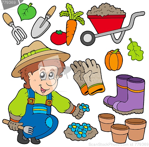 Image of Gardener with various objects