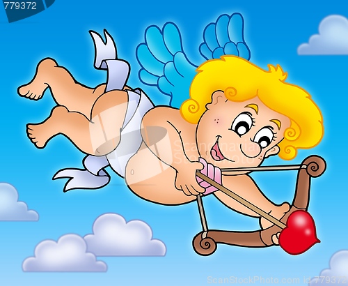 Image of Cupid shooting from bow on sky