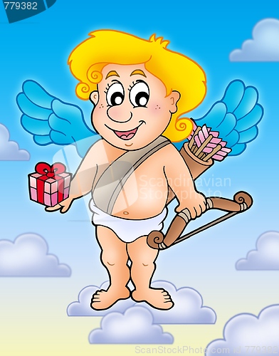 Image of Cupid with gift on blue sky