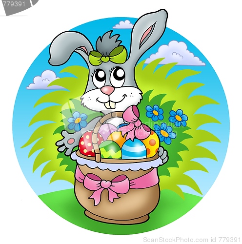 Image of Easter rabbit with decorated eggs